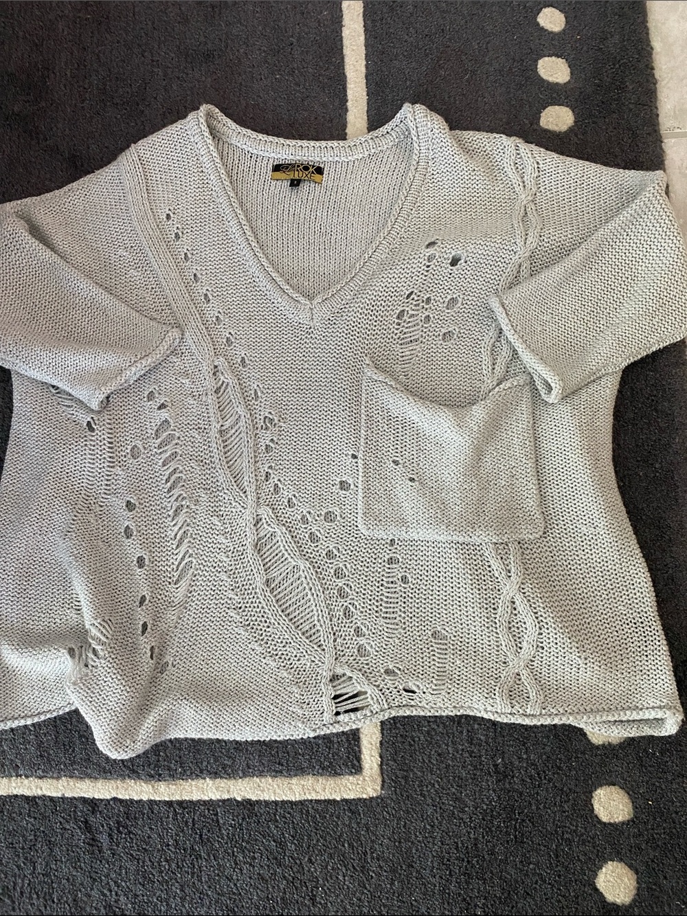 Light Gray V-Neck Knit Sweater with Front Pocket by No Brand Listed